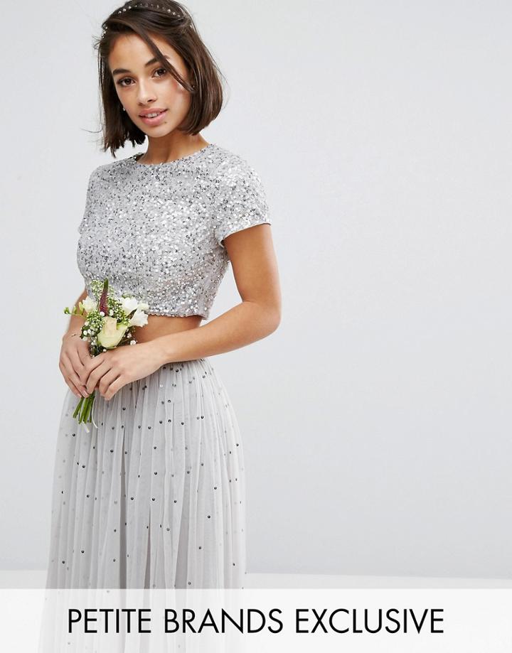Maya Petite All Over Sequin Crop Top - Gray