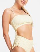 Monki Tanja Recycled Bikini Top With Gathered Seams In Yellow Floral Print