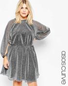 Asos Curve Glitter Blouson Sleeve Skater Dress - Silver