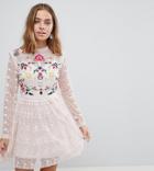 Frock And Frill Petite Premium Embroidered Lace Prom Skater Dress - Pink
