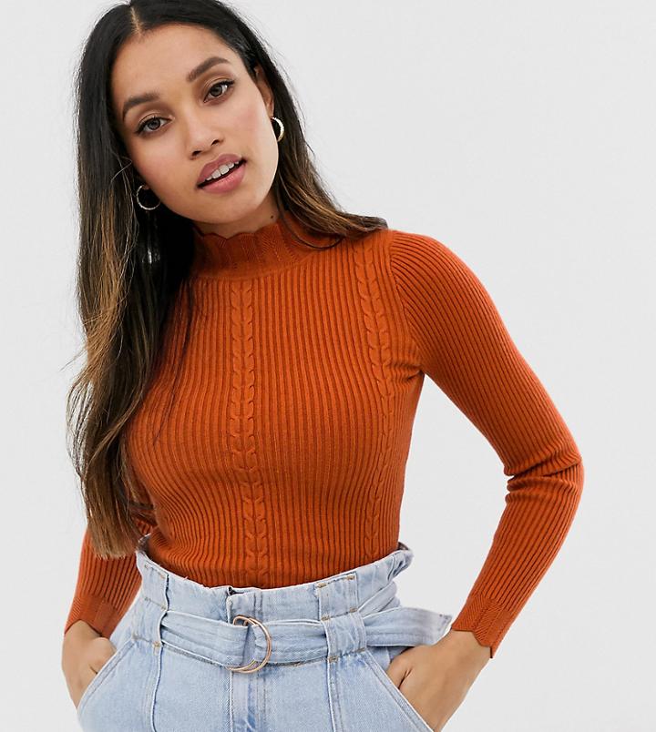 Fashion Union Petite Ribbed Slim Fit Sweater With Scalloped Hem-orange