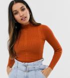 Fashion Union Petite Ribbed Slim Fit Sweater With Scalloped Hem-orange