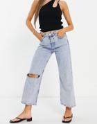 Mango Straight Jeans With Knee Rip In Light Blue-blues