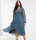 Asos Design Curve Wrap Midi Dress With Garden Floral Embroidery-blue