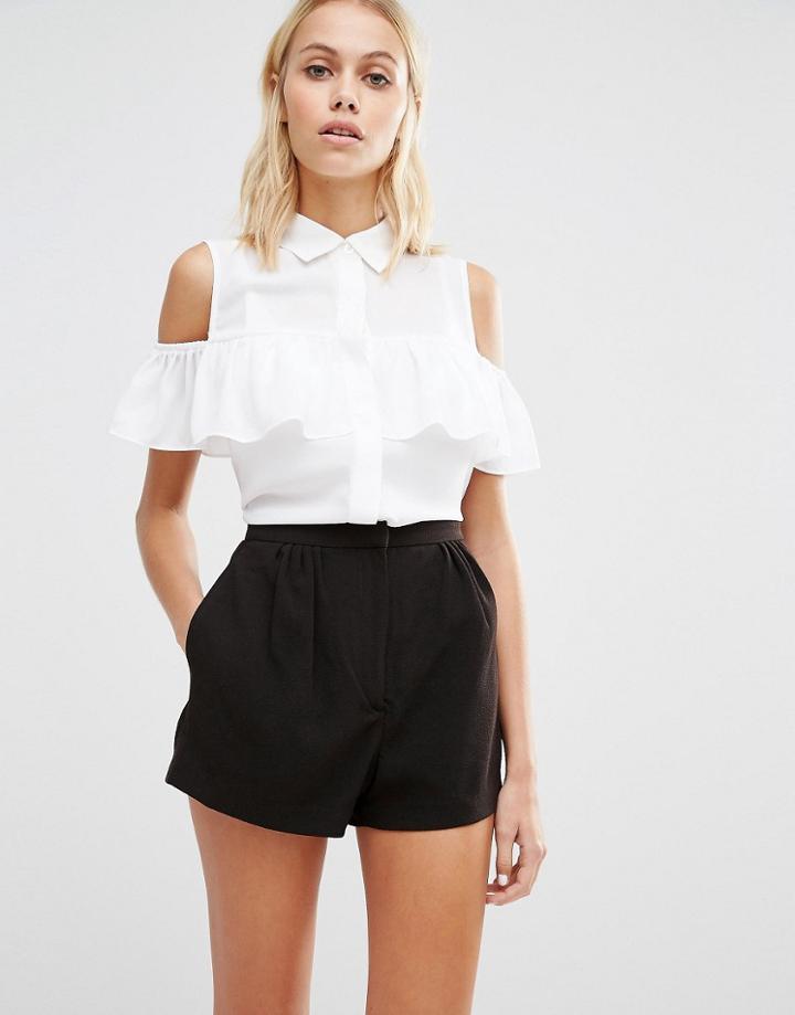 Fashion Union Sleeveless Shirt With Ruffle Cold Shoulder - White