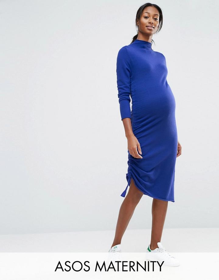 Asos Maternity Lounge Midi Dress In Knit With Ruched Side - Blue