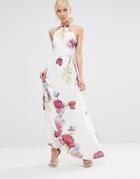 Hope And Ivy Halterneck Maxi Dress In Floral Placement Print - White
