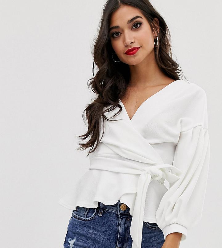 Boohoo Petite Basic Wrap Top With Peplum Hem In White - White