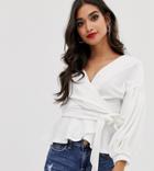 Boohoo Petite Basic Wrap Top With Peplum Hem In White - White