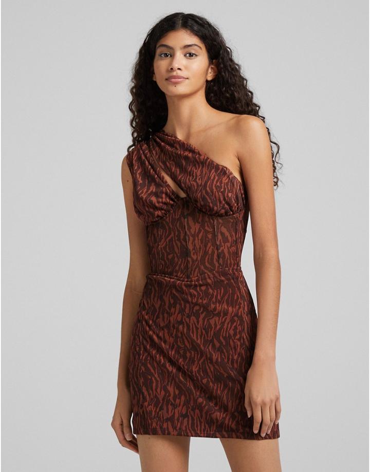 Bershka One Shoulder Cut Out Detail Mini Dress In Brown