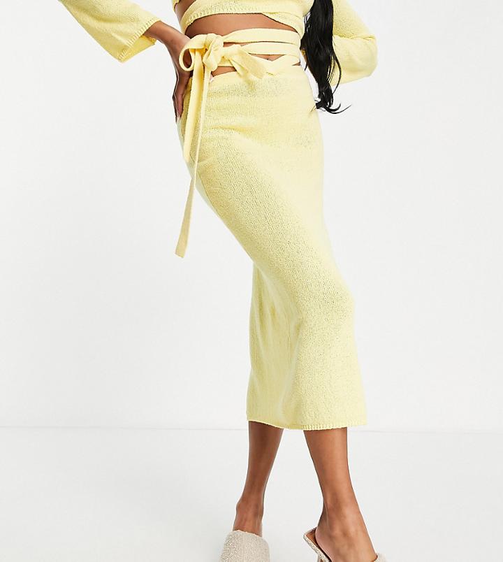 Asos Design Petite Knitted Midi Skirt With Tie Waist Detail In Yellow - Part Of A Set