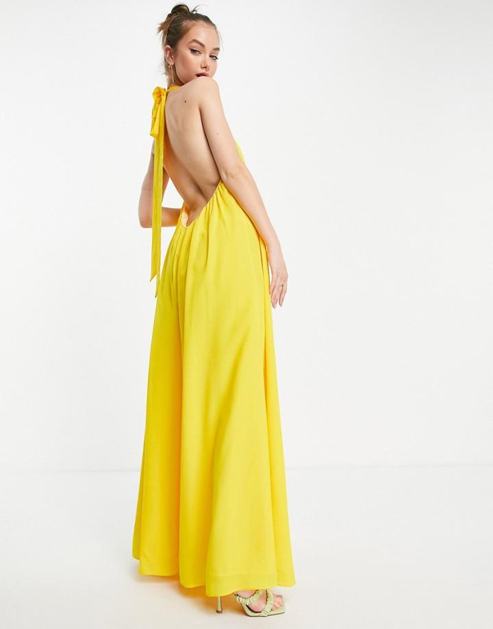 Asos Design Halter Neck Backless Wide Leg Jumpsuit In Yellow