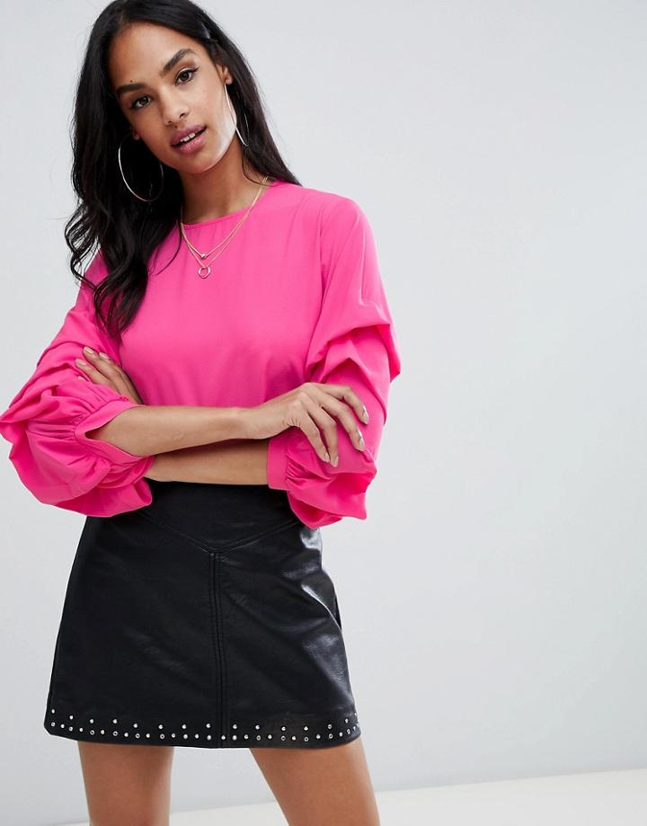 Ax Paris Dipped Hem Top With Sleeve Detail - Pink