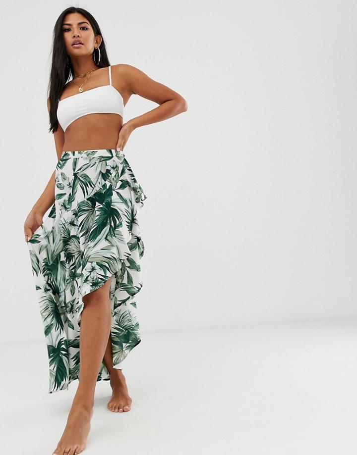 Asos Design Ruffle High Low Hem Beach Sarong In Palm Print - Multi