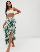 Asos Design Ruffle High Low Hem Beach Sarong In Palm Print - Multi