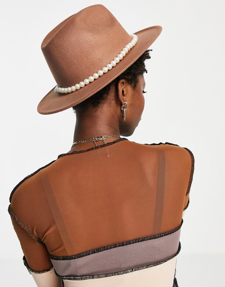 Svnx Felt Pearl Trim Fedora Hat In Brown