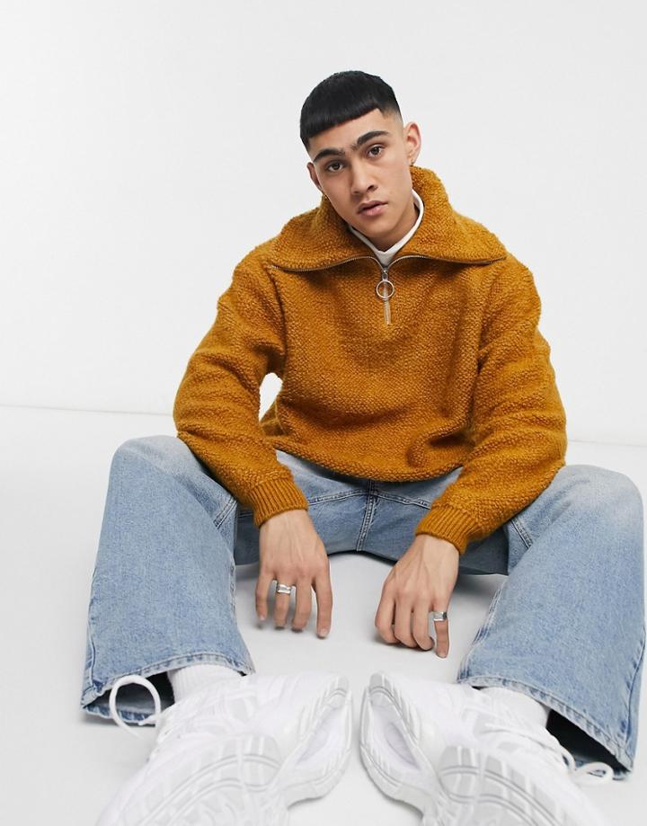 Asos Design Knitted Oversized Collar Sweater In Tan Plush Texture-brown