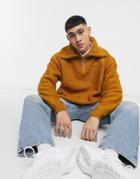 Asos Design Knitted Oversized Collar Sweater In Tan Plush Texture-brown