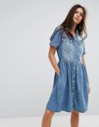 Diesel Denim Dress With Flare Skirt And Embroidery - Blue