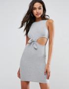 Asos Mini Bodycon With Cut Out Tie Waist In Rib - Gray