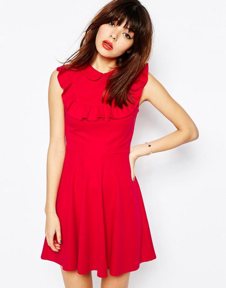 Asos Skater Dress In Ponte With Collar And Ruffle Detail - Red