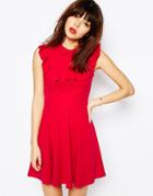 Asos Skater Dress In Ponte With Collar And Ruffle Detail - Red