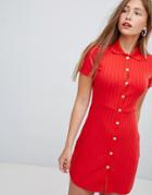 Bershka Button Front Short Sleeved Dress In Red - Red