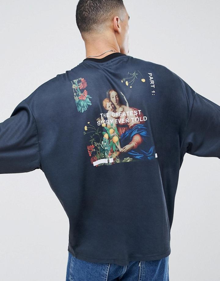 Asos Design Oversized T-shirt With Historical Back Print And Half Sleeve - Black