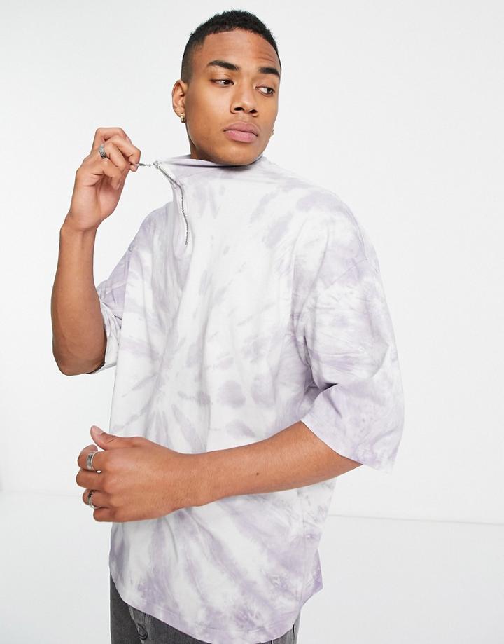 Asos Design Oversized Half Zip T-shirt In Gray Tie Dye-grey