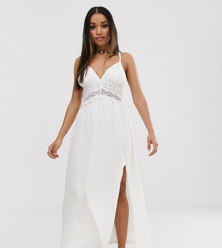Asos Design Petite Textured Maxi Skater Sundress With Crochet Insert-white