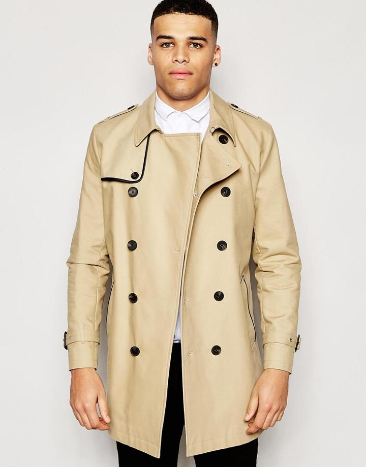 Asos Shower Resistant Double Breasted Trench In Stone - Stone