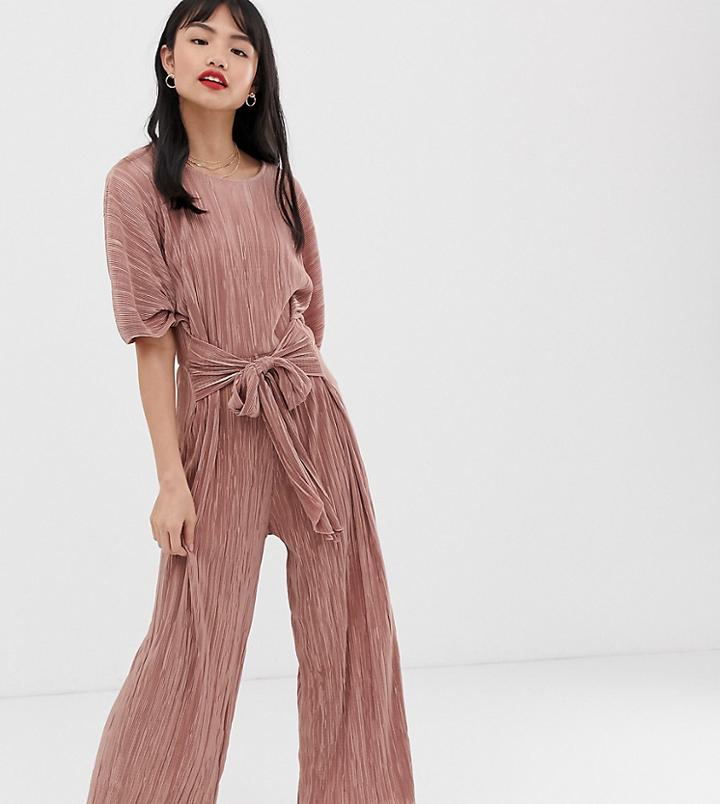 Asos Design Petite Plisse Tie Front Culotte Jumpsuit-pink