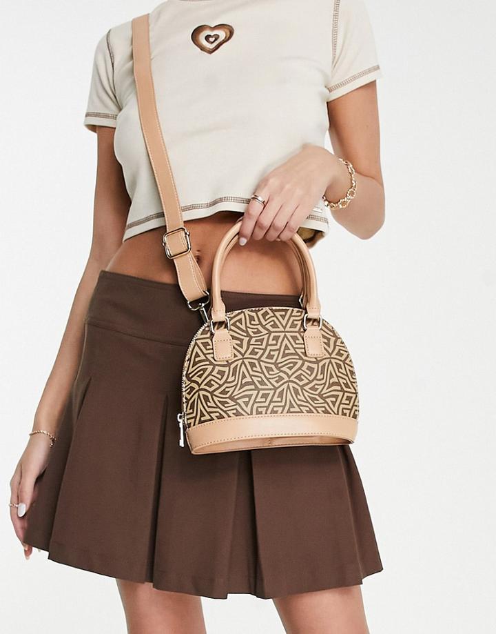 Asos Design Top Handle Bowler Bag With Detachable Crossbody Strap In Monogram-brown