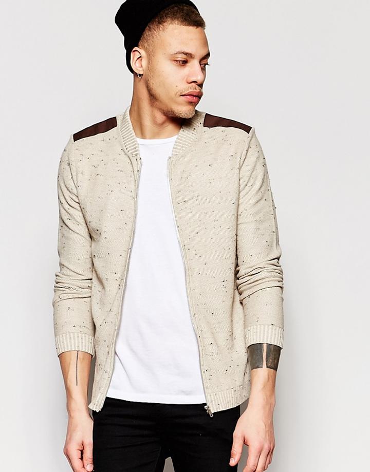 Asos Bomber Jacket With Shoulder Patches - Beige Nep