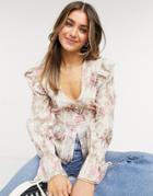 Asos Design Long Sleeve Floral Ruffle Top With Metallic Stripe-multi
