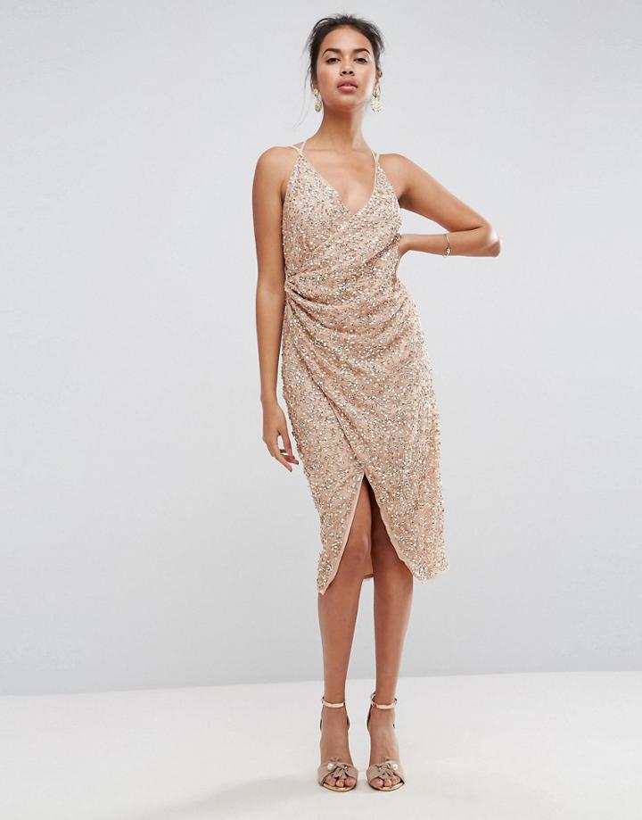 Asos All Over Embellished Scattered Drape Midi Dress - Gold