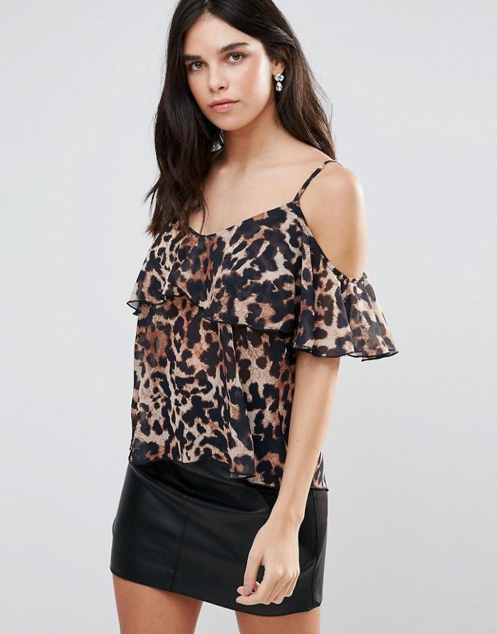 Jessica Wright Leopard Print Cold Shoulder Ruffle Top - Multi