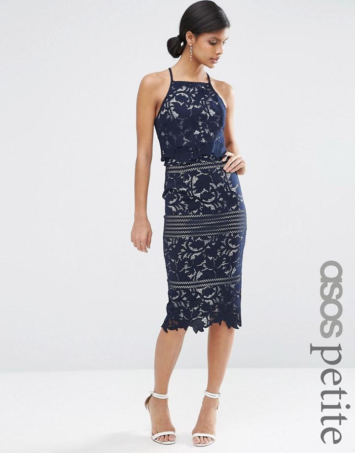 Asos Petite Lace Floral Scallop Midi Dress - Navy