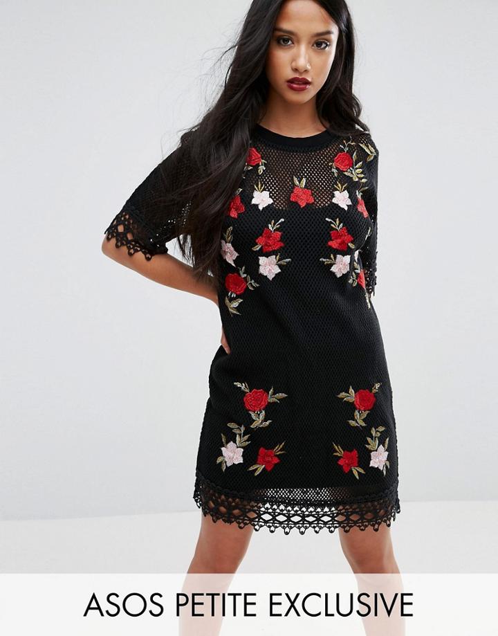 Asos Petite Open Mesh Applique Mini Dress - Black