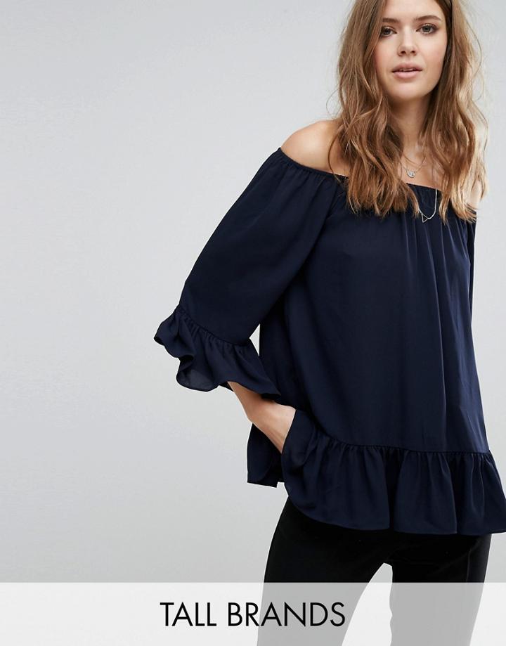 Y.a.s Tall Silje Off The Shoulder Top With Ruffle Detail - Navy