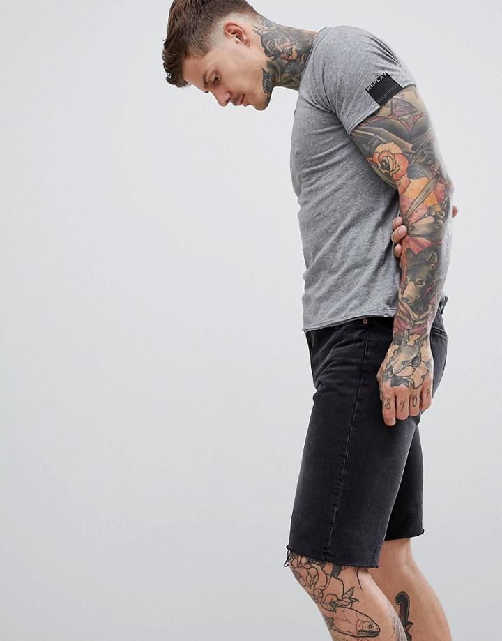 Replay Raw Hem V Neck T-shirt In Gray - Navy