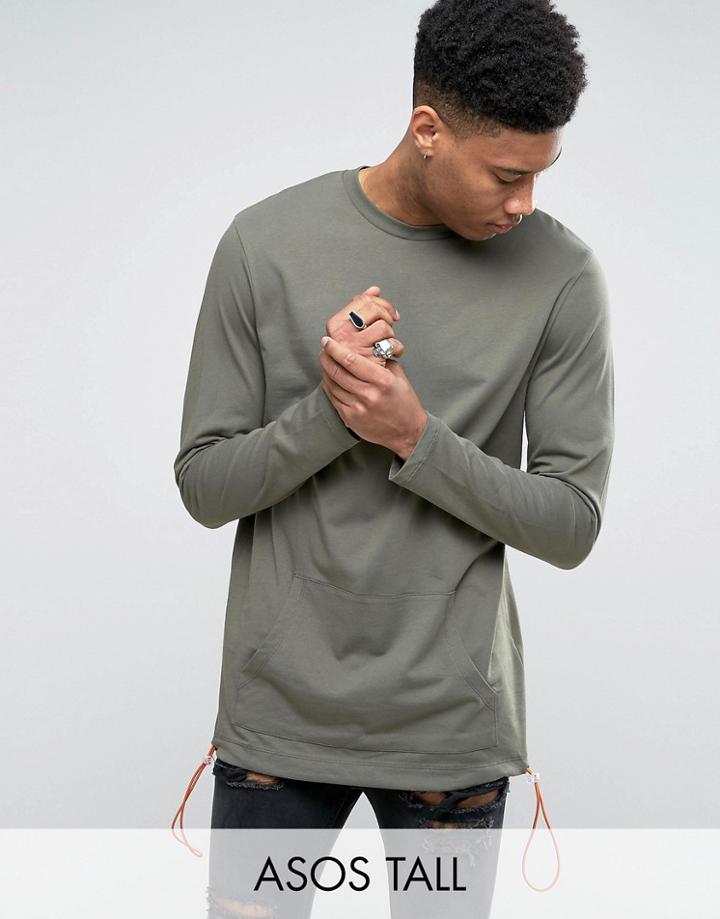 Asos Tall Longline Long Sleeve T-shirt With Kangaroo Pocket And Contrast Drawcord - Green