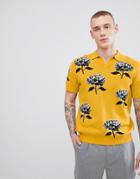 Asos Knitted Revere Collar Polo In Mustard With Floral Jacquard - Yellow