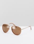 Asos Aviator Sunglasses In Brown With Gold Metal Arms - Brown