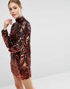 Asos Copper Sequin High Neck Shift Mini Dress - Copper