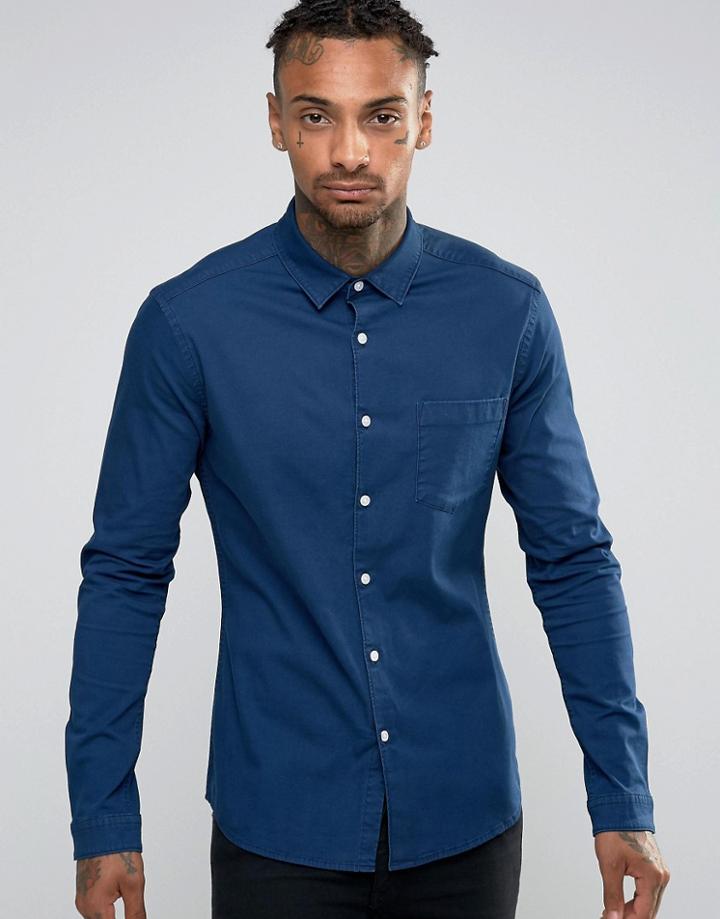 Asos Skinny Denim Shirt In Rinse Wash - Navy