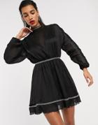 Asos Design Textured Chiffon Skater Mini Dress With Metallic Trim Detail-black