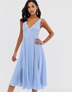 Asos Design Midi Sleeveless Dress With Lace Bodice - Blue