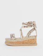 Prettylittlething Espadrille Flatform Sandals With Ankle Ties In Snake - Multi