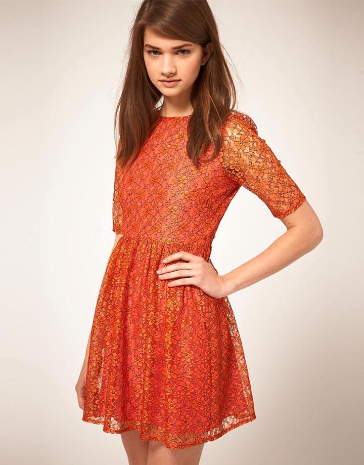 Asos Lace Waisted Dress With Contrast Lining - Blue